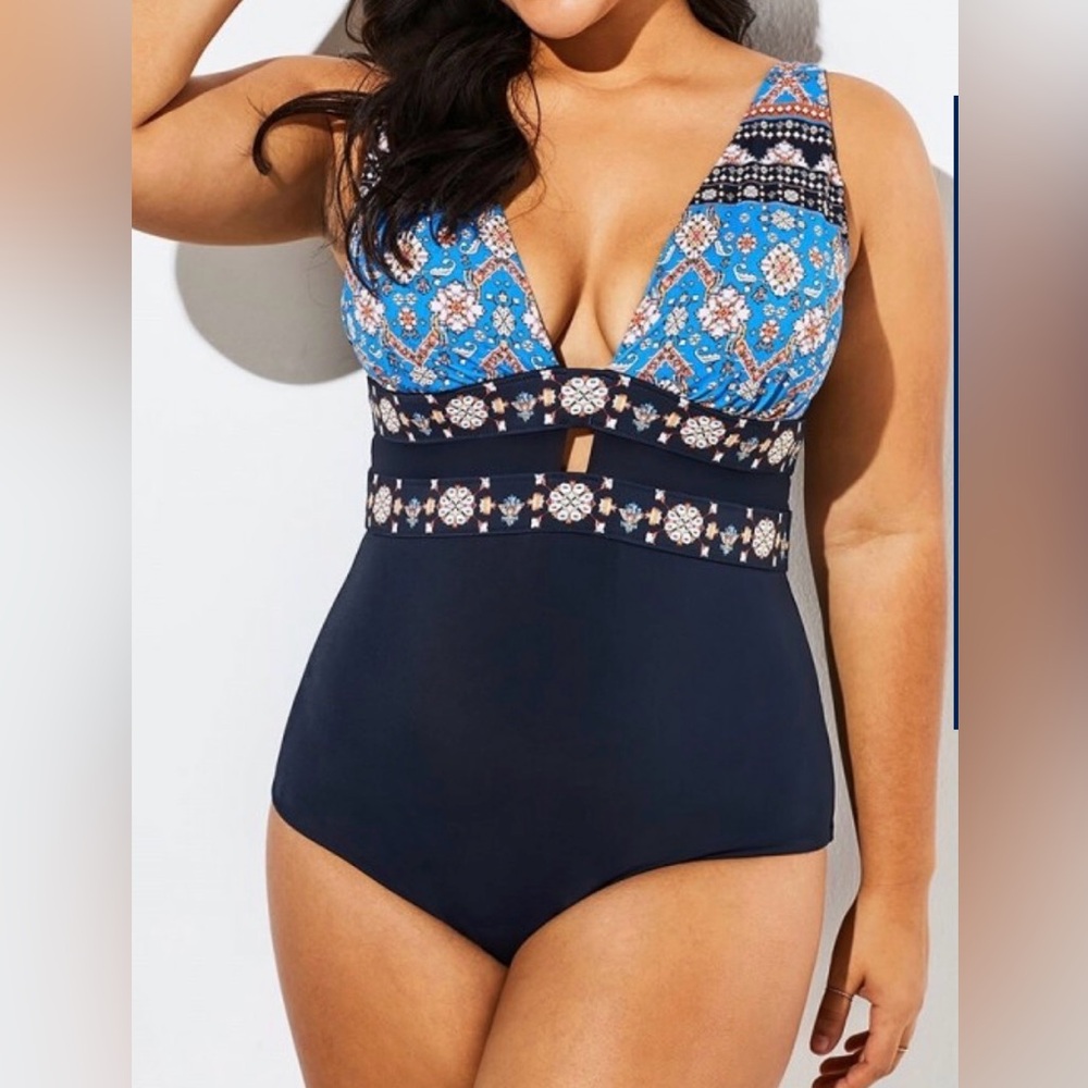 Blue and Black Patterned Women Swim One Piece